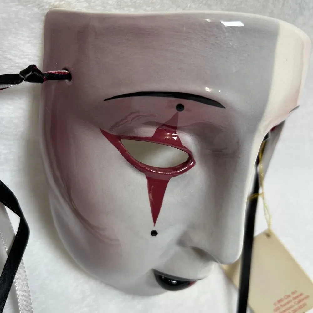 Clay Art Glazed Harlequin Masquerade Face Mask Hanging Ribbons Hand Painted